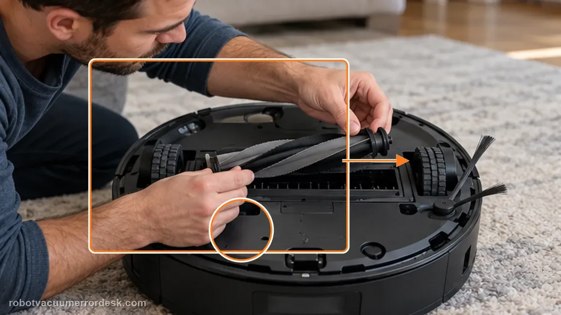 Dreame L50 Ultra AE shown in a close repair view of brush install, matching the reinstall the main brush and prove smooth hand rotation check.