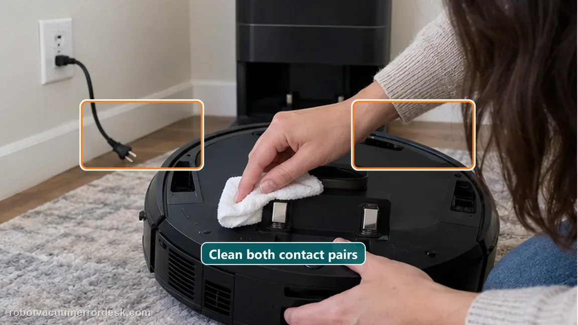 Dreame X50 Ultra Complete is shown with a close repair view of contacts clean, matching the clean the robot charging contacts with a dry cloth check.
