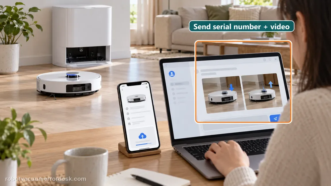 A support request is prepared with a device serial-number screen and a video upload beside the robot.