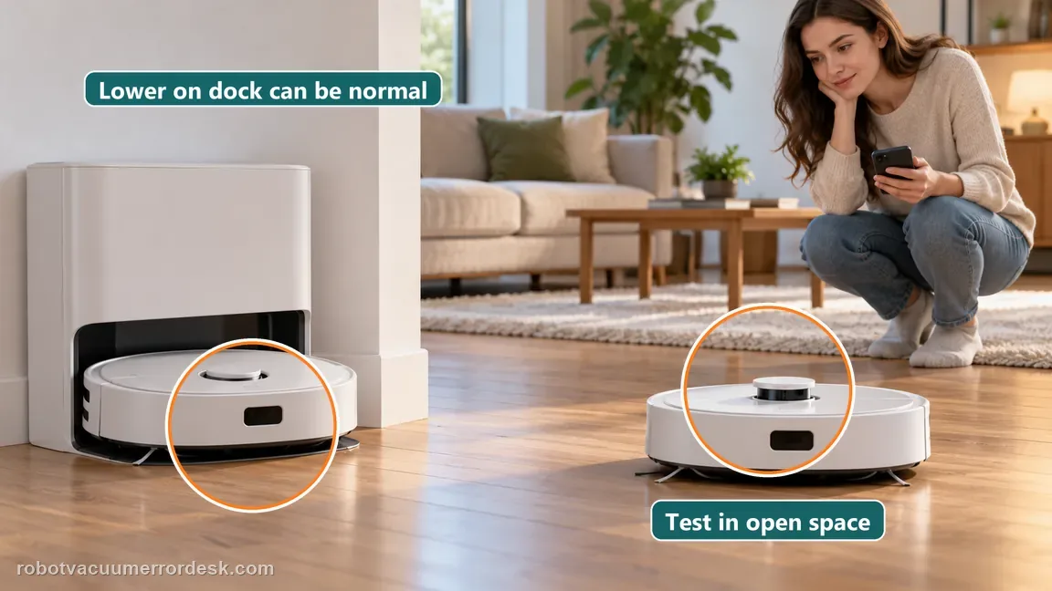 A white robot has its retractable sensor lowered on the dock and raised in an open-floor test for comparison.