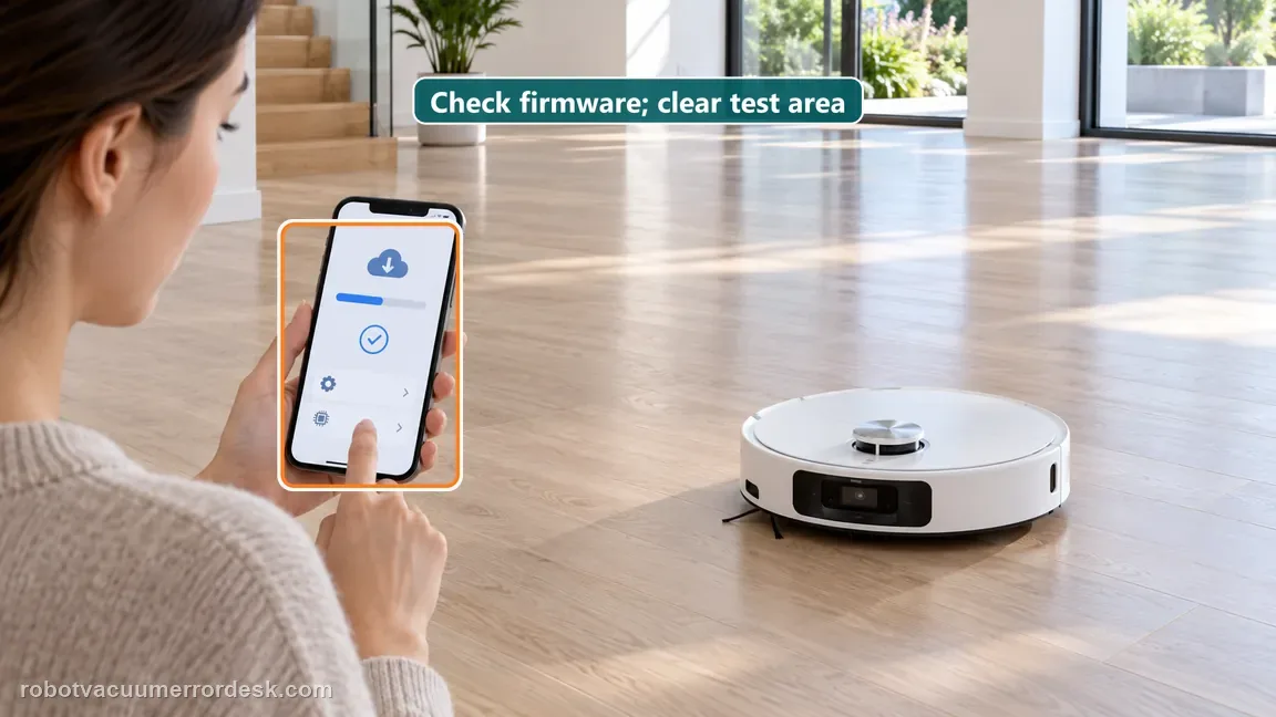 The X50 style robot sits in a clear open floor area while its owner checks a software update screen.