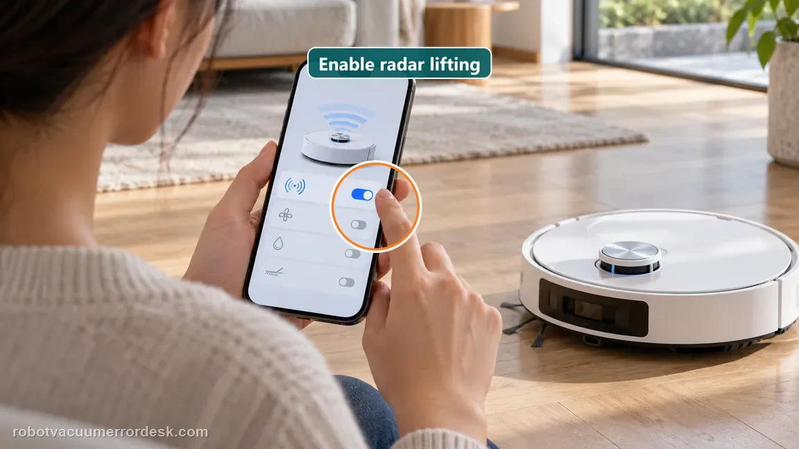 An owner checks an enabled radar lifting toggle in the robot app beside the X50 style robot.
