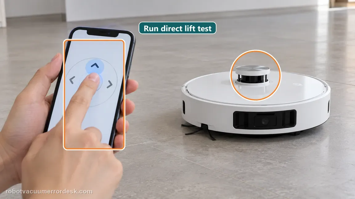 A phone remote-control screen commands a raised retractable sensor on a robot in a clear room.