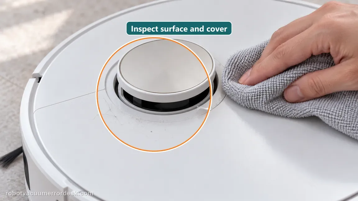 A soft cloth wipes the outside of a retractable sensor and its surrounding robot top cover.