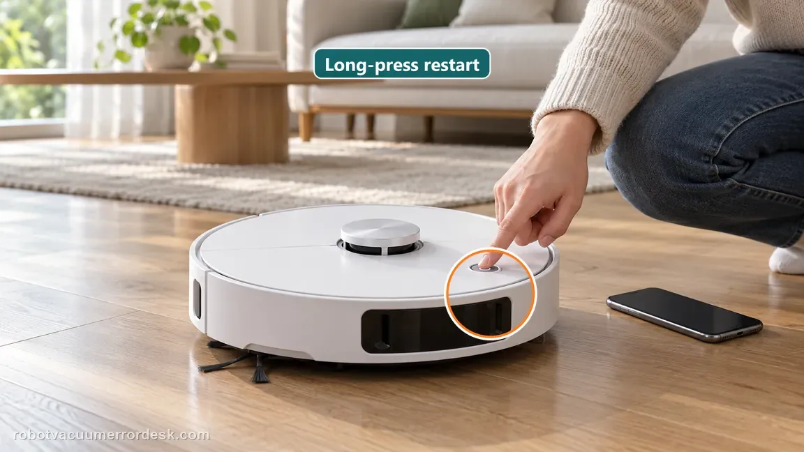 A homeowner long-presses the robot top power control after cleaning the outside sensor surface.