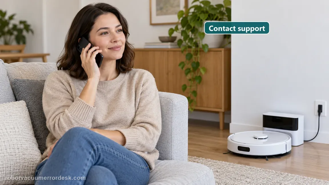 A homeowner contacts support by phone while the robot and powered dock remain visible nearby.