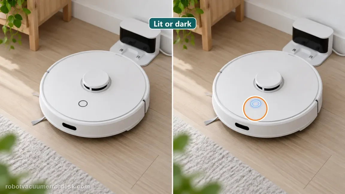 A white robot shows a dark status light on one side and a blue lit indicator on the other, with the lighted control marked.