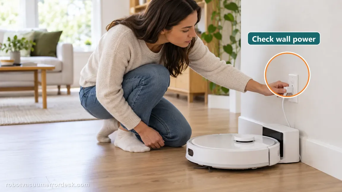 A homeowner checks the charging station power connection at the wall while the robot waits nearby.