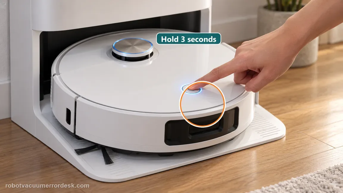 A robot already seated on its dock as a finger holds the top power button and its indicator begins to glow.