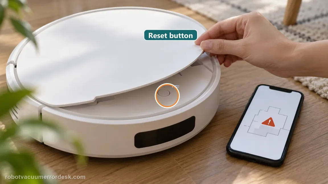 A hand opens the robot upper cover to reveal the reset button beside a Wi-Fi indicator, with a data warning on a phone.