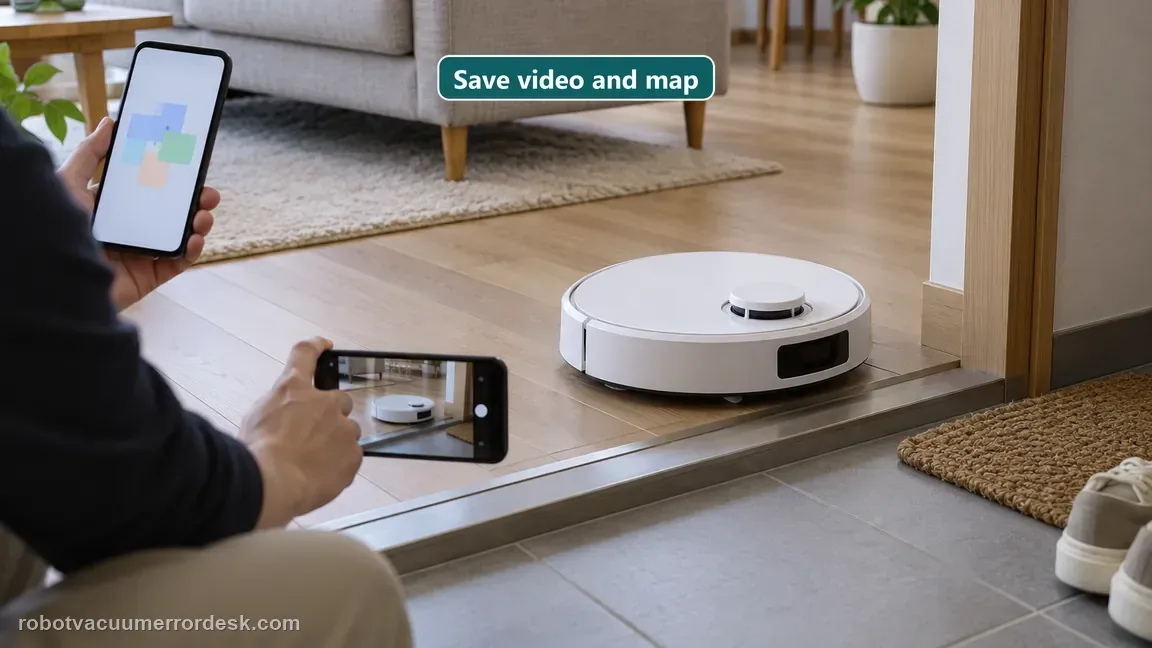 A person records a robot vacuum stopped at a furniture entry while keeping an abstract map visible on a phone.