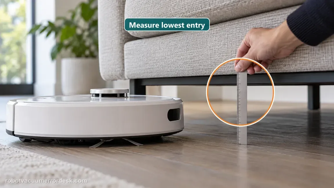 A person measures the lowest sofa entry rail with a ruler while a white Dreame style robot vacuum waits outside.