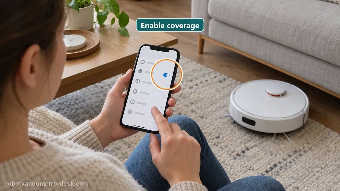 A person reviews an enabled setting on a generic phone while a white robot vacuum waits beside low furniture.