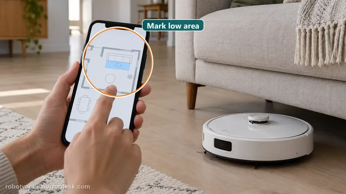 A person marks a small shaded area beneath a sofa on a generic robot vacuum map beside the waiting robot.