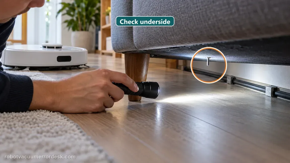 A person shines a flashlight under a sofa to inspect a protruding screw and cable channel before a robot test.