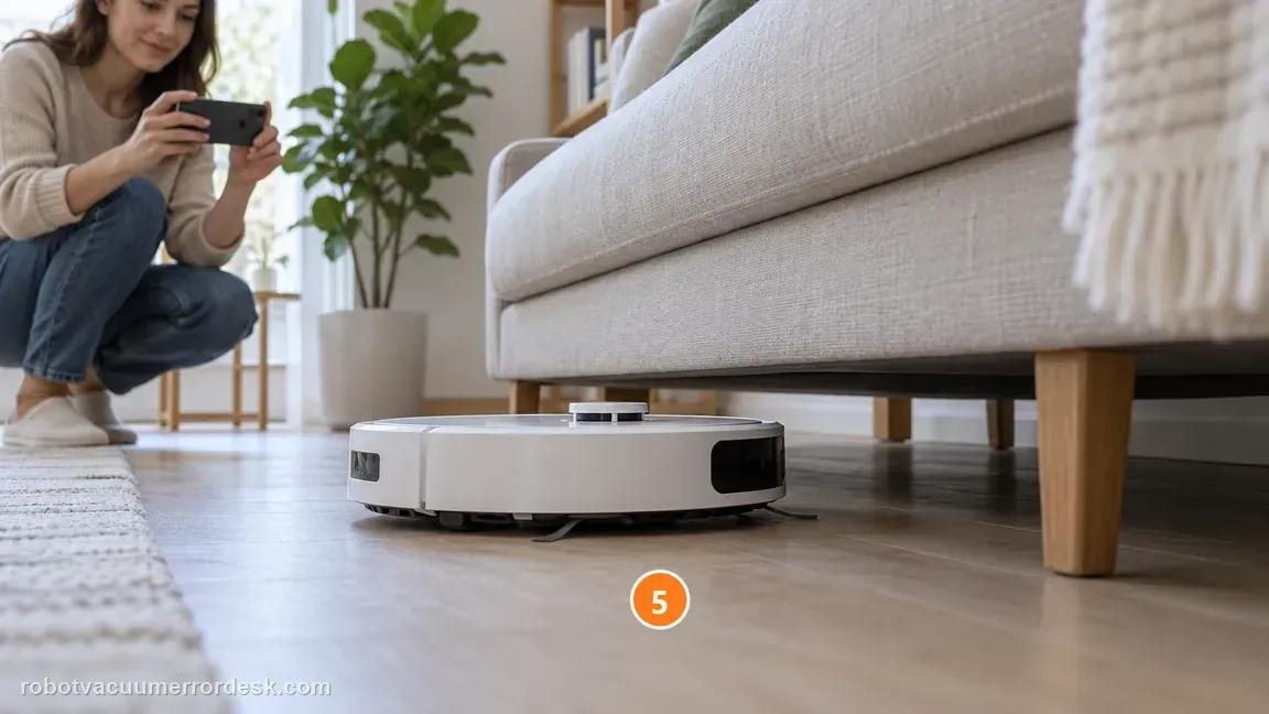 A person records a white robot vacuum approaching a low sofa from the side during a controlled entry test.