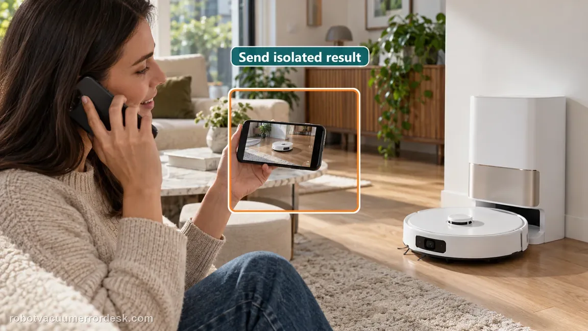 A homeowner calls support while showing a phone video of the fully assembled robot on the floor.