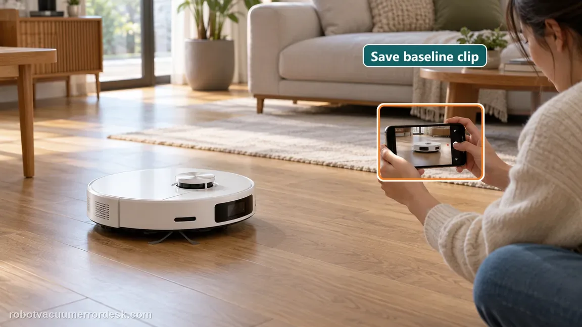 A homeowner records the white Dreame robot from the side on hardwood before removing any parts.