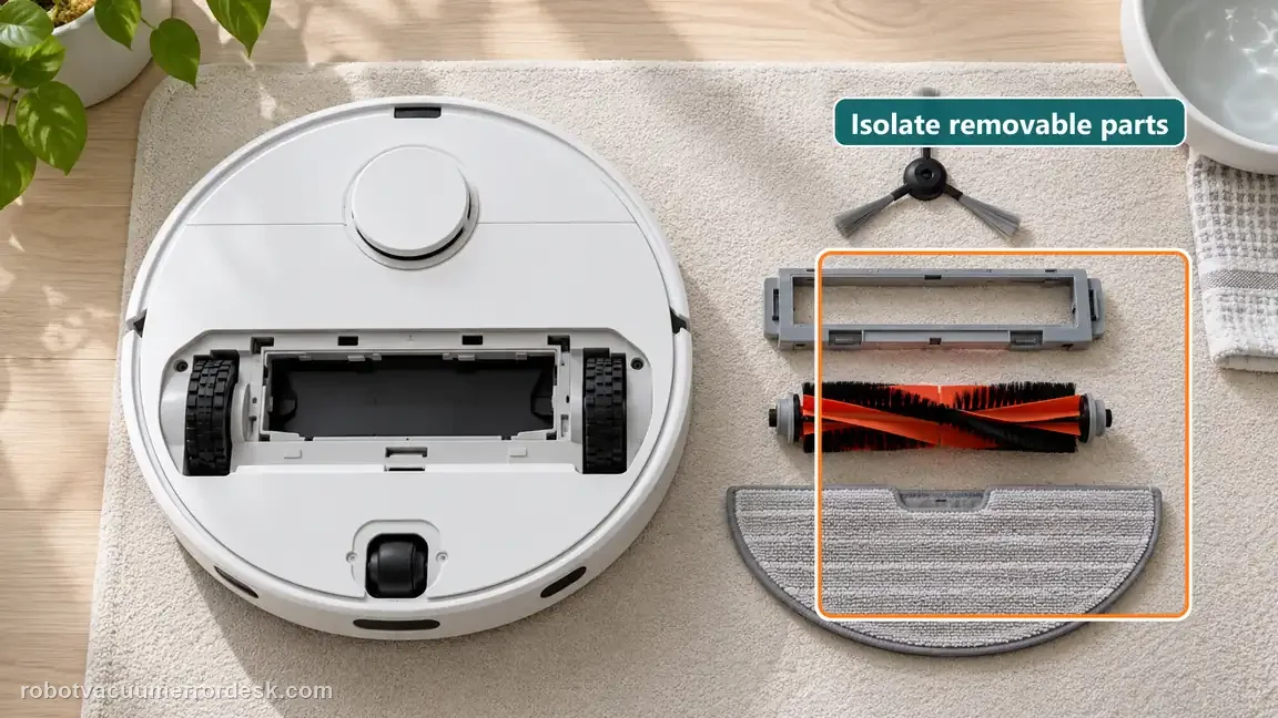 A powered off robot has its side brush, roller cover, main roller and mop pad laid out separately for a brief isolation test.