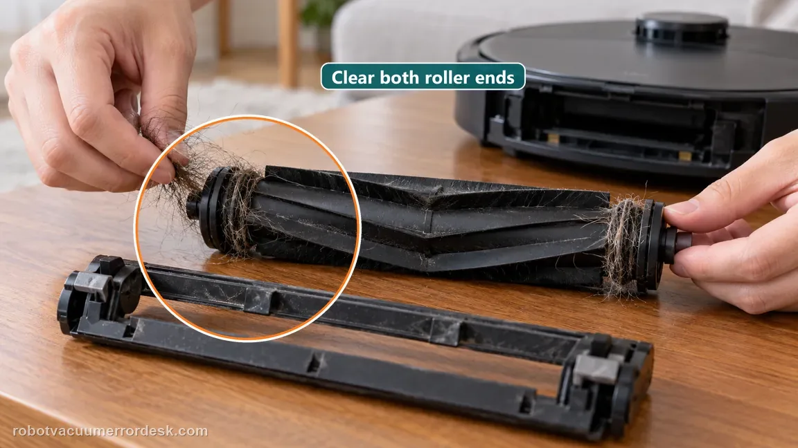 Hair is removed from both accessible ends of a black roller while its cover rests nearby.