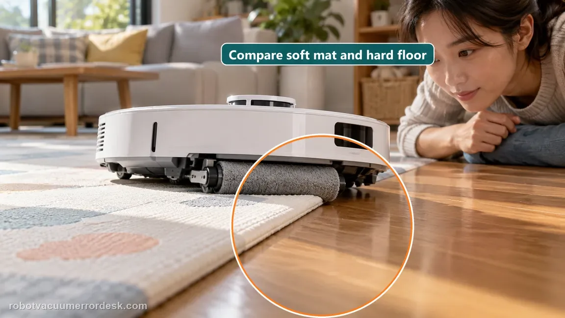 A white robot roller contacts a soft crawling mat beside hard floor while the owner observes the surface.