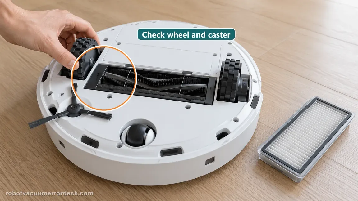 A hand checks a robot drive wheel while its caster and completely dry removable filter are visible nearby.