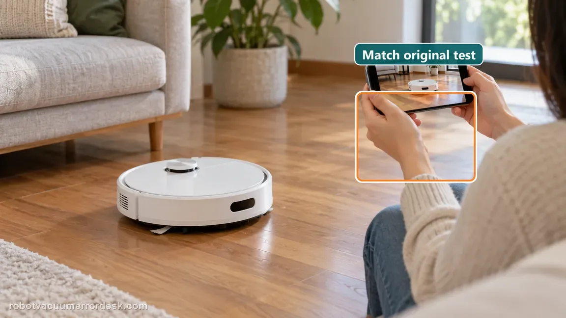 A fully assembled Dreame robot repeats its short hardwood test while the owner compares a phone video.