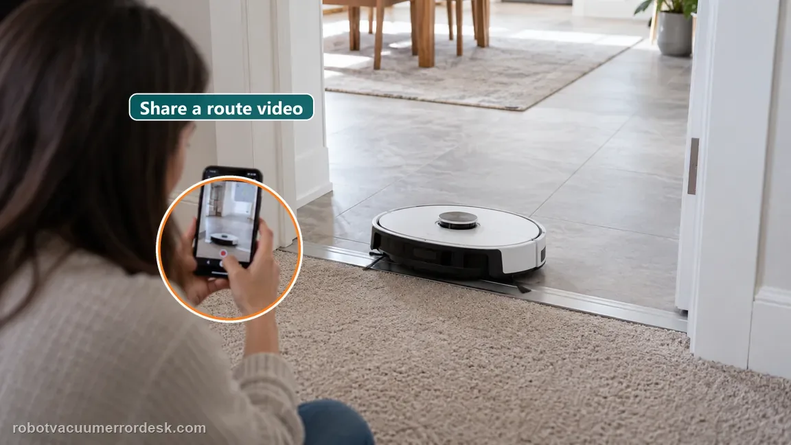 A homeowner records the robot attempting a doorway crossing while a clear map and threshold are visible.