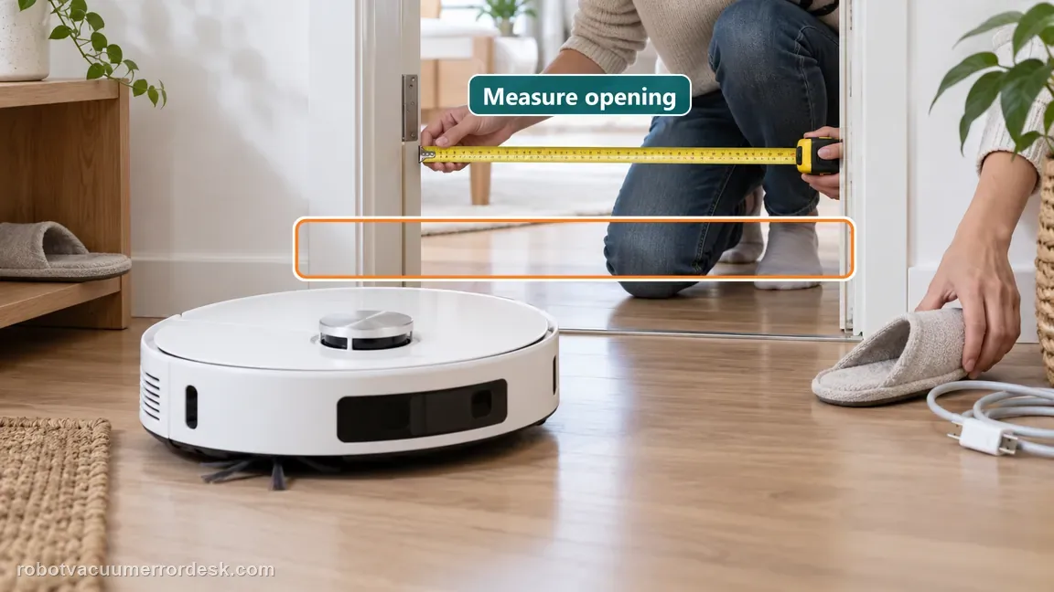A person measures the narrowest doorway opening with a tape while the round robot waits nearby.