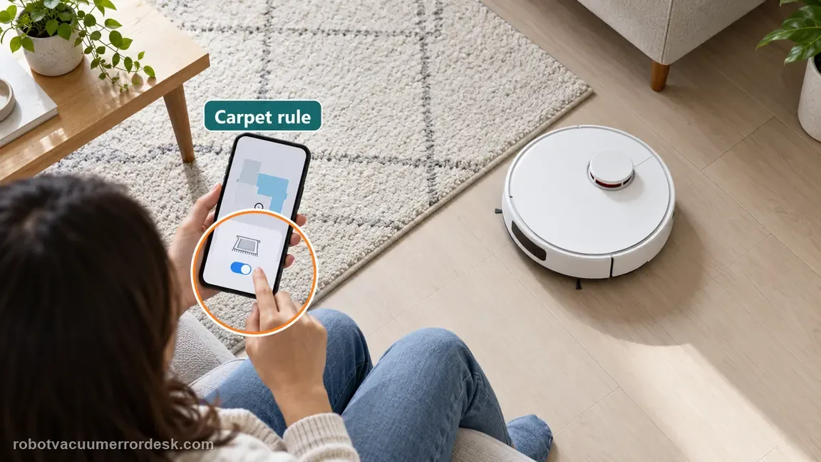 A phone displays a carpet-avoidance control beside a robot at the edge of a rug.