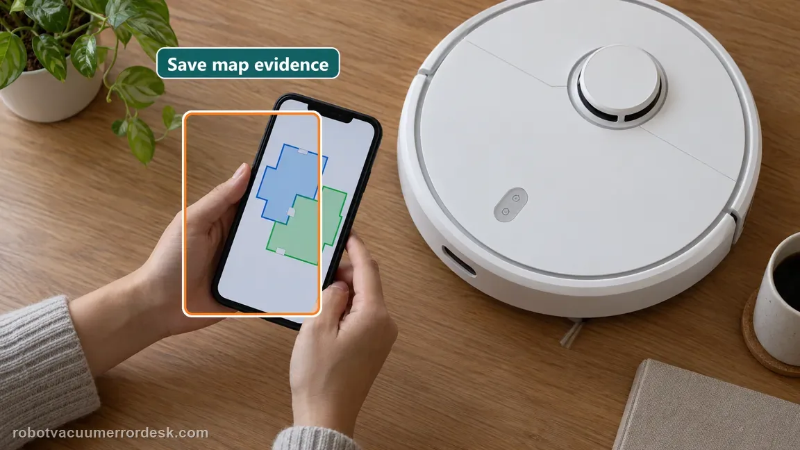 A phone shows overlapping room outlines on the saved map beside the robot vacuum.