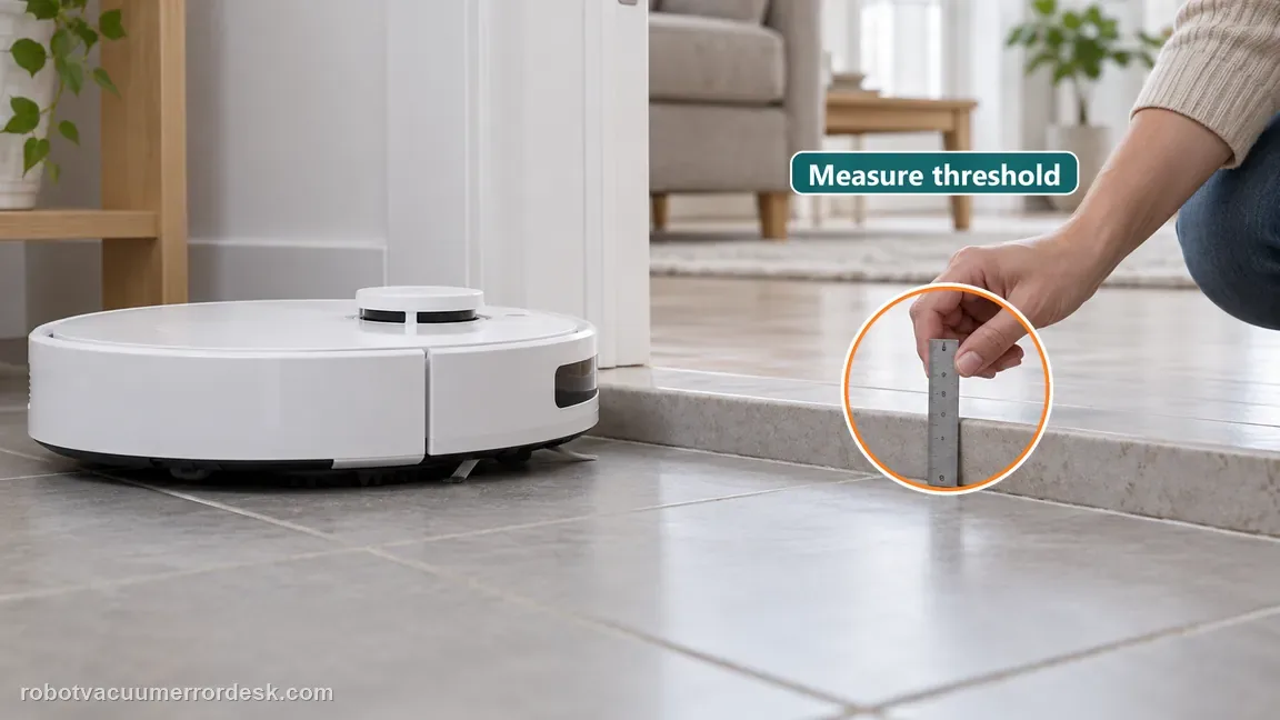 A small round robot is stopped at a doorway threshold as a person measures the step height.