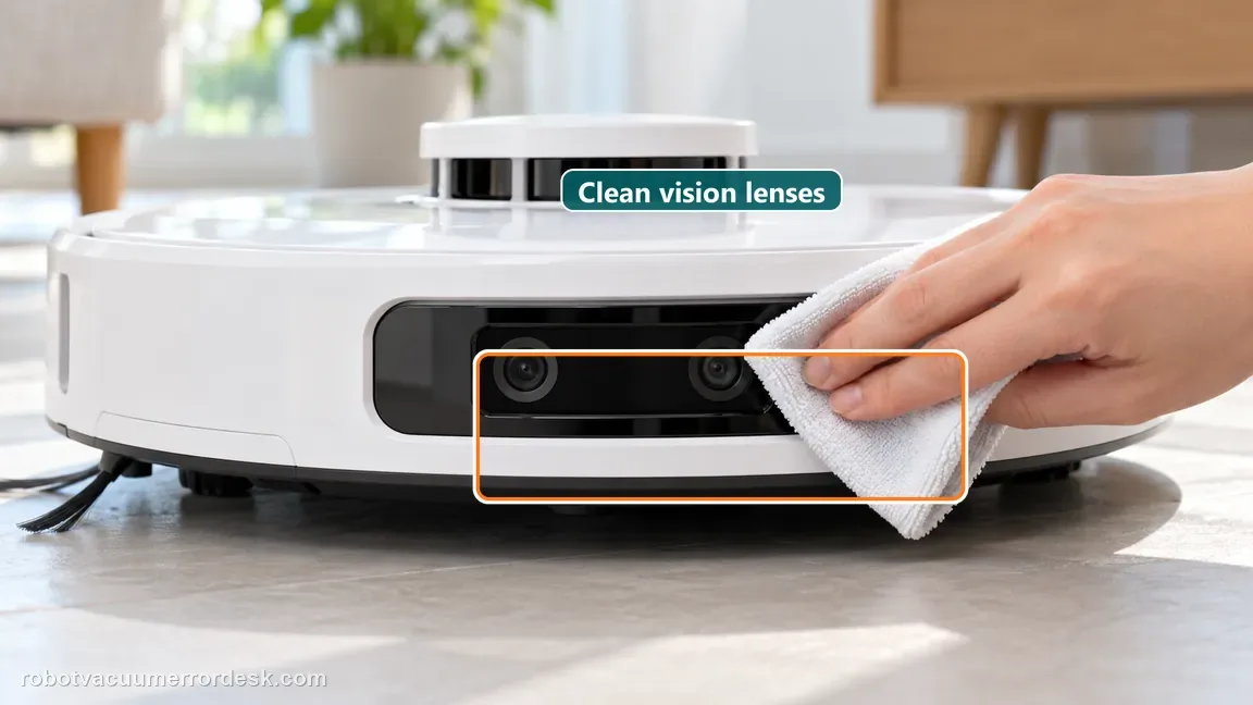A soft cloth is used to clean the pair of front-facing vision lenses on the round robot.