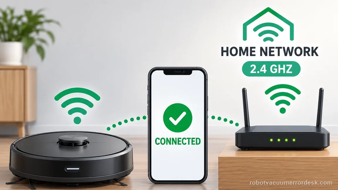 A phone, generic robot, and home router connect over a 2.4 GHz home network, with a clear connected confirmation on the screen.