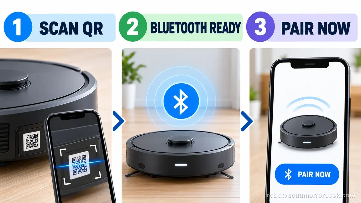 Three-step illustration shows scanning a setup QR, waiting for Bluetooth pairing, and confirming the generic robot is ready to pair.