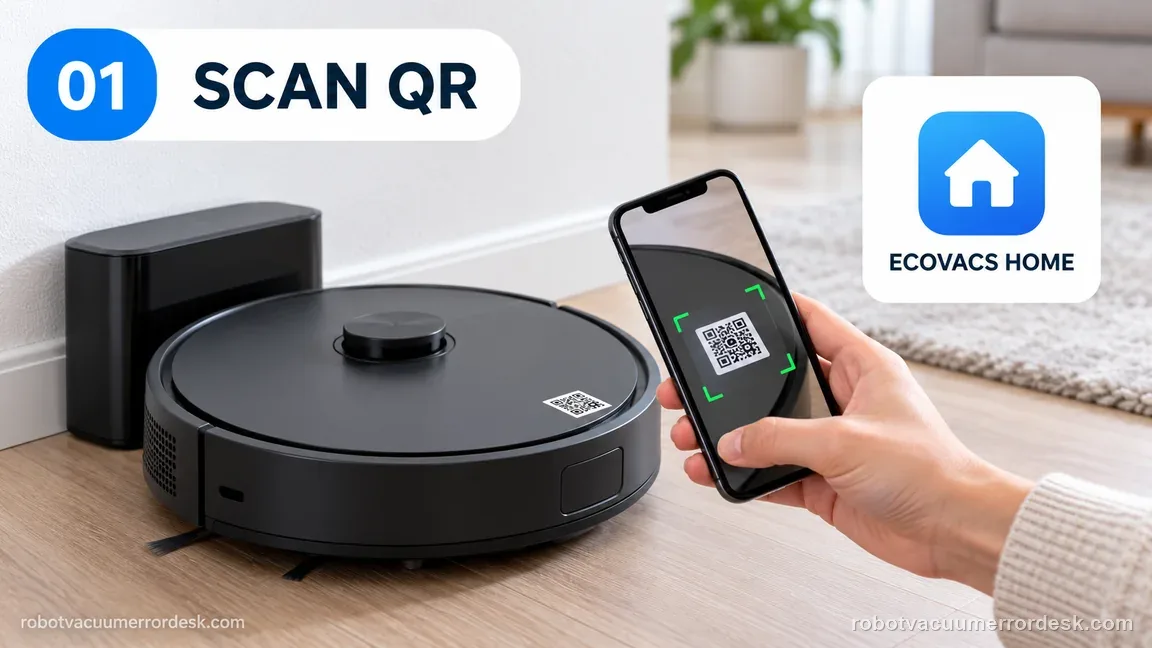 A generic robot vacuum QR code is scanned by a phone during the first step of a Wi-Fi setup flow.
