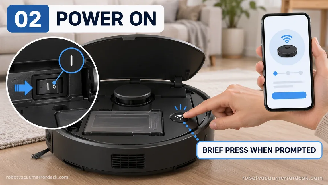 A generic robot cover is open to show the power switch at I and a brief network-button press only when the app prompts.