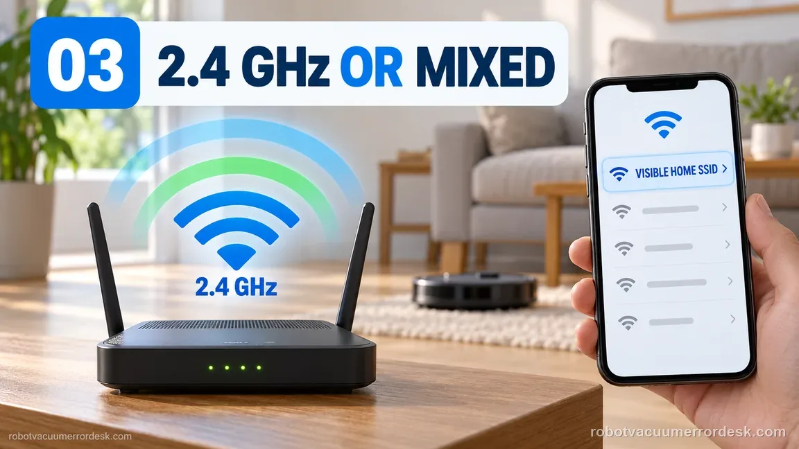 A generic home router and phone show a visible household Wi-Fi name with a 2.4 GHz or mixed-band reminder.