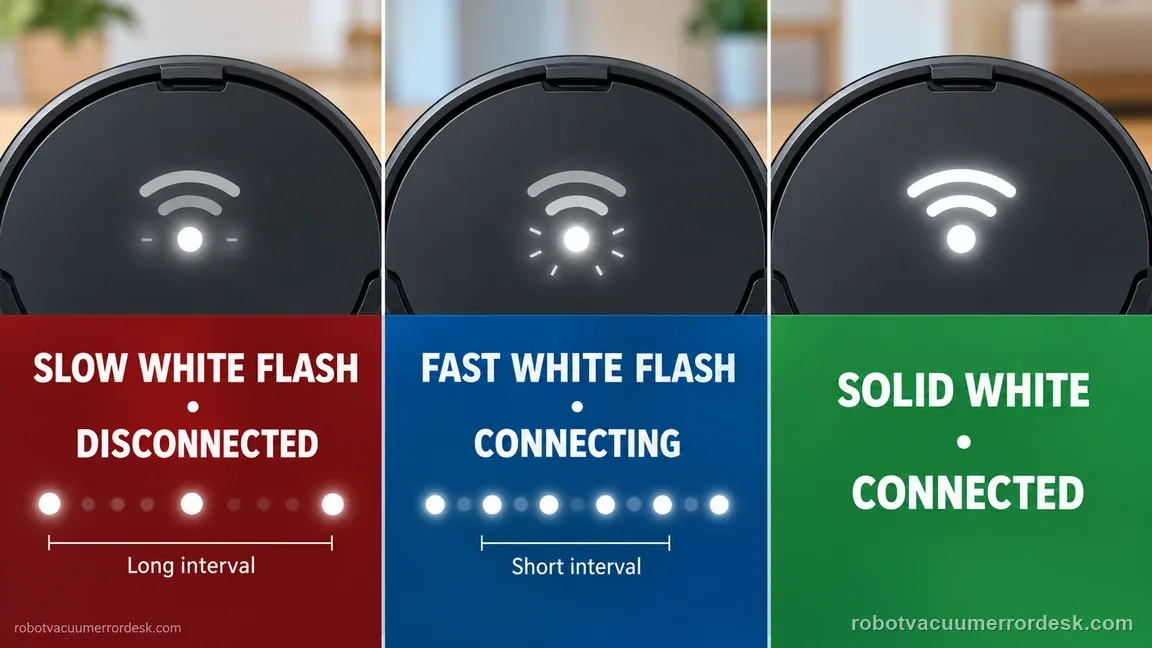 Three generic robot Wi-Fi indicators compare slow white flashing for disconnected, fast flashing for connecting, and solid white for connected.