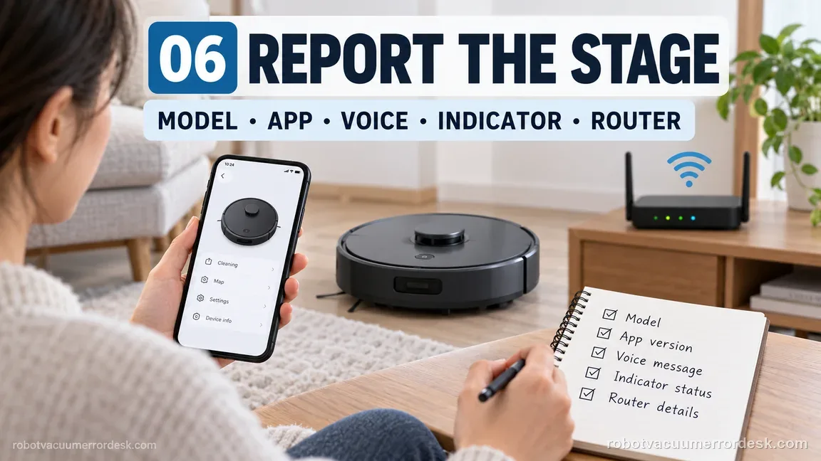 A support handoff checklist records the robot model, app, voice prompt, indicator state, and router details beside a phone.