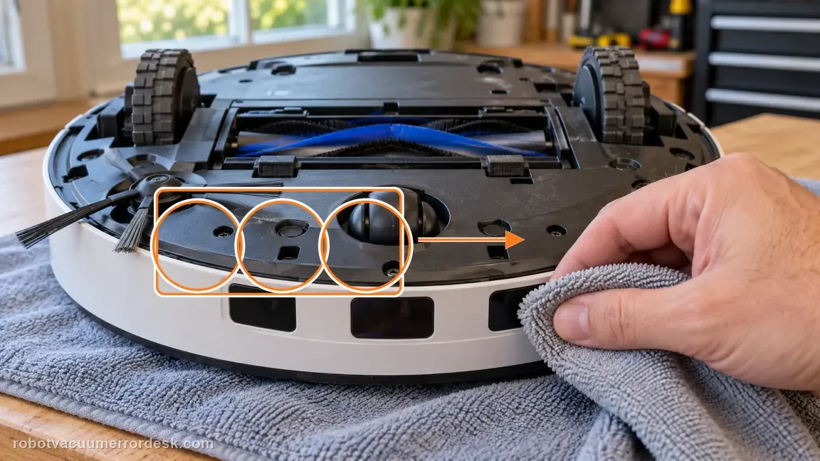 ECOVACS DEEBOT X11 OmniCyclone shown in a close repair view of cliff wipe, matching the wipe the anti-drop sensors dry check.