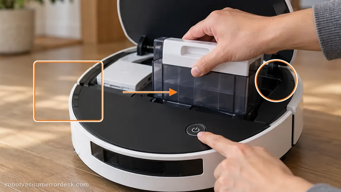 ECOVACS DEEBOT X11 OmniCyclone shown in a close repair view of power cycle, matching the reassemble and power cycle check.