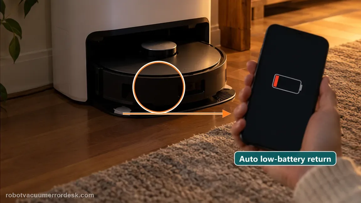 ECOVACS DEEBOT X11 OmniCyclone shown in a close repair view of low battery, matching the run a controlled low-battery auto-mode test check.
