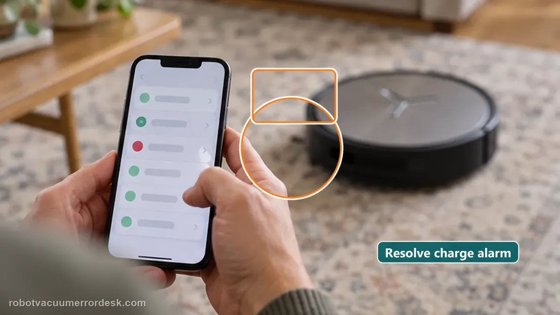 ECOVACS DEEBOT X11 OmniCyclone shown in a close repair view of charge fault, matching the check the job record before repeating the test check.
