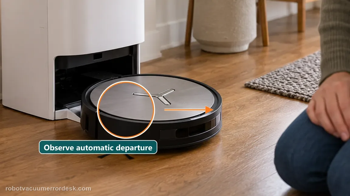 ECOVACS DEEBOT X11 OmniCyclone shown in a close repair view of departure proof, matching the retest without changing modes or moving the robot check.