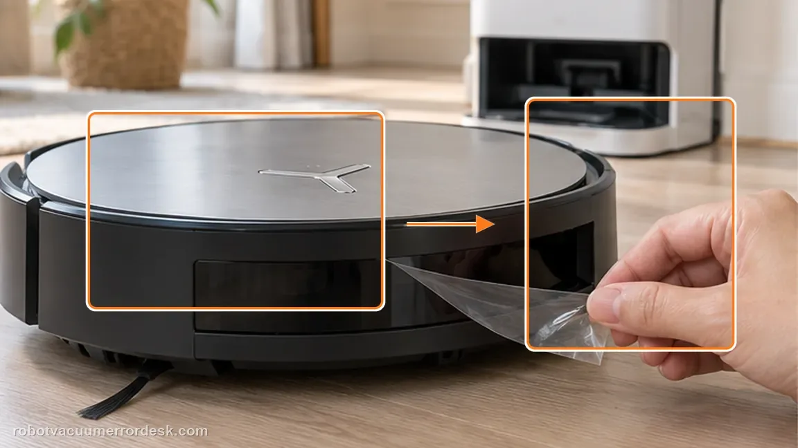 ECOVACS DEEBOT X11 OmniCyclone shown in a close repair view of protector strip, matching the remove any bumper protector strip check.