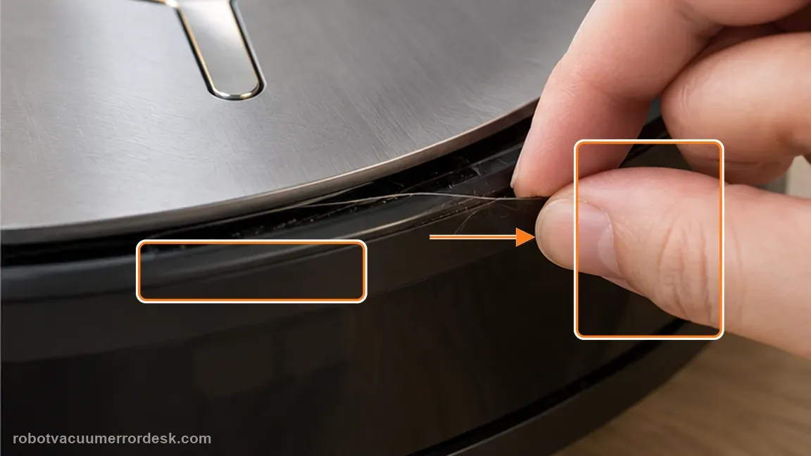 ECOVACS DEEBOT X11 OmniCyclone shown in a close repair view of bumper seam, matching the inspect the bumper seam for debris check.