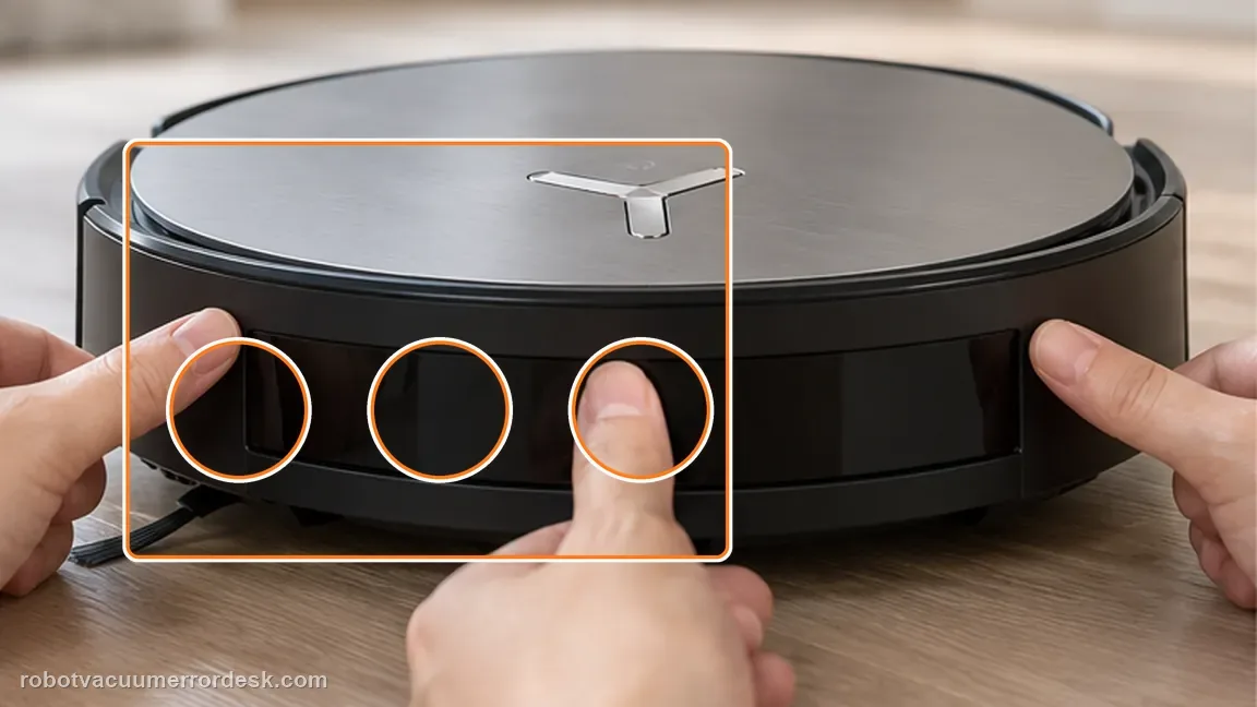 ECOVACS DEEBOT X11 OmniCyclone shown in a close repair view of bumper travel, matching the test left, center and right spring-back check.