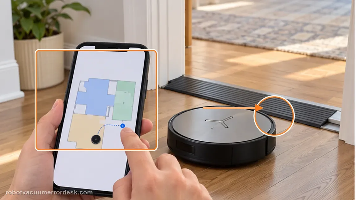 ECOVACS DEEBOT X11 OmniCyclone shown in a close repair view of threshold map, matching the add a threshold ramp at the exact map location check.