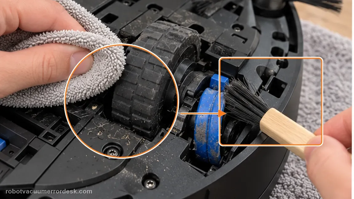 ECOVACS DEEBOT X11 OmniCyclone shown in a close repair view of wheel claw, matching the clean wheels and blue climbing claws check.